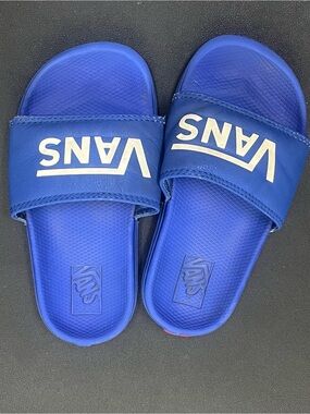 Vans Kids Blue Slide Sandals White Logo Slip On Slides ~8 in outsole